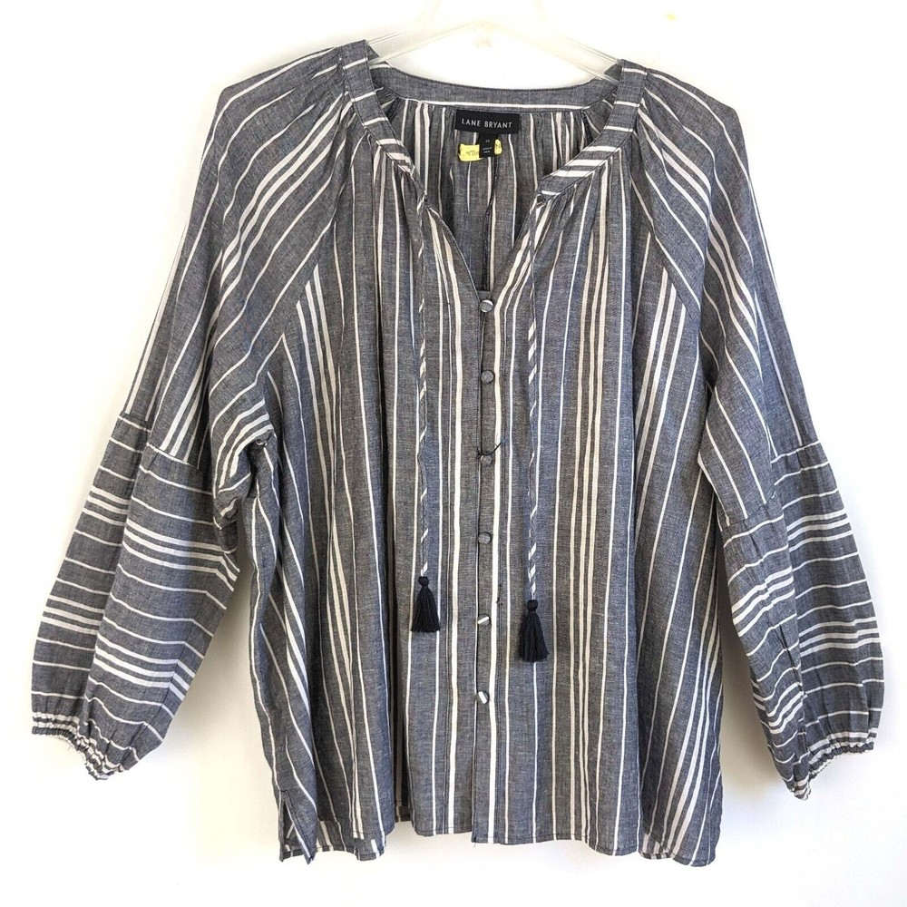 Lane Bryant Linen Blend Gray Striped Boho Tassle Tie Women's Size 24 Top Blouse
